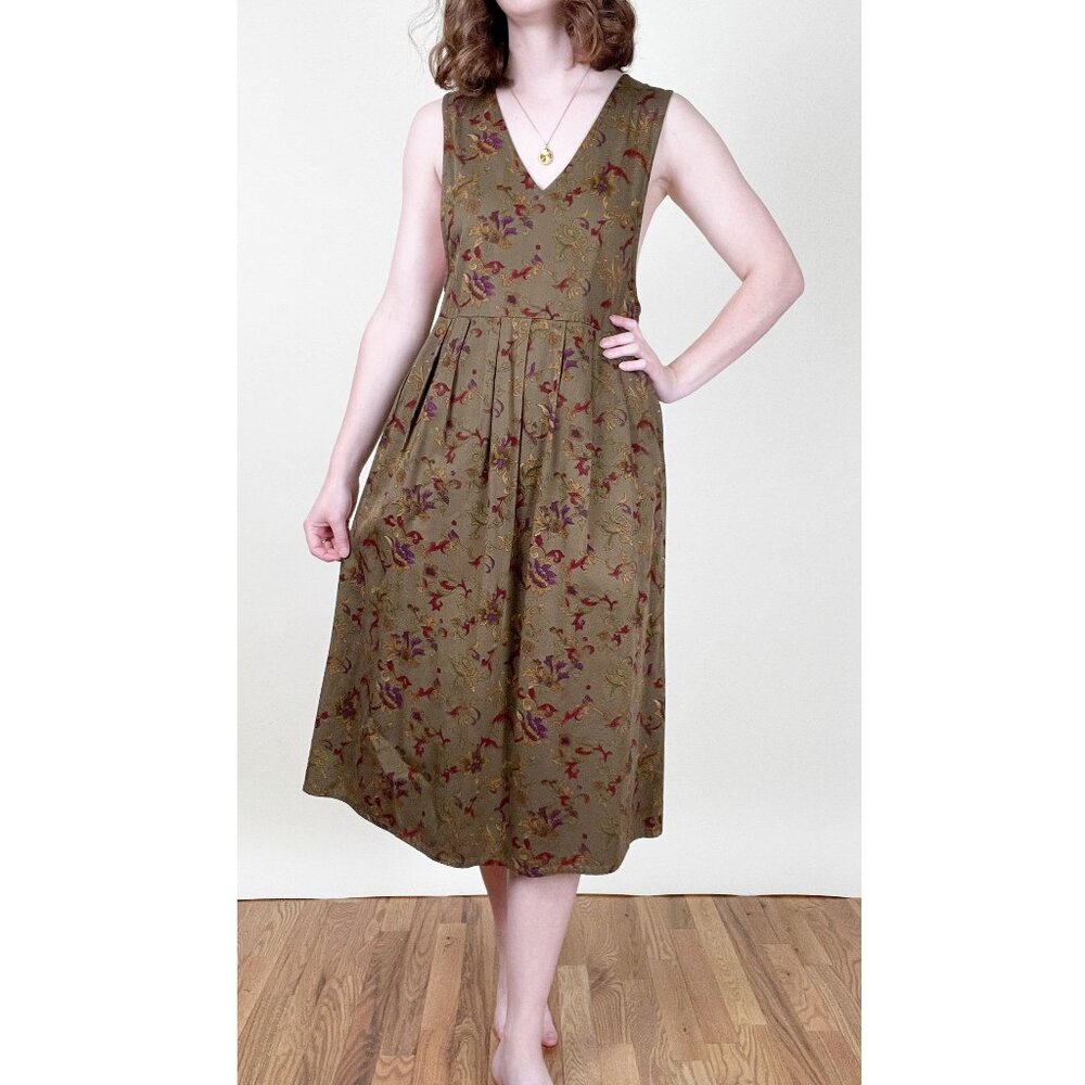 Vintage Floral Pinafore Midi Maxi Dress Pleated Relaxed Fit Whimsigoth Rustic - Picture 3 of 8